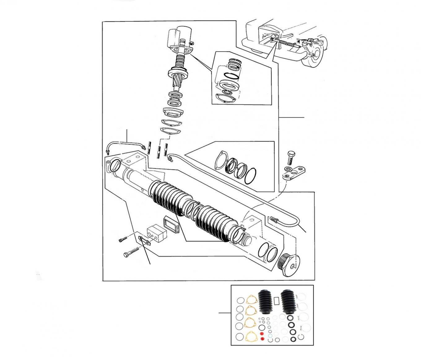 43034 Steering rack 01001 till 24996 (Rectangular Mounting Feet) - VIN 30000-onwards
